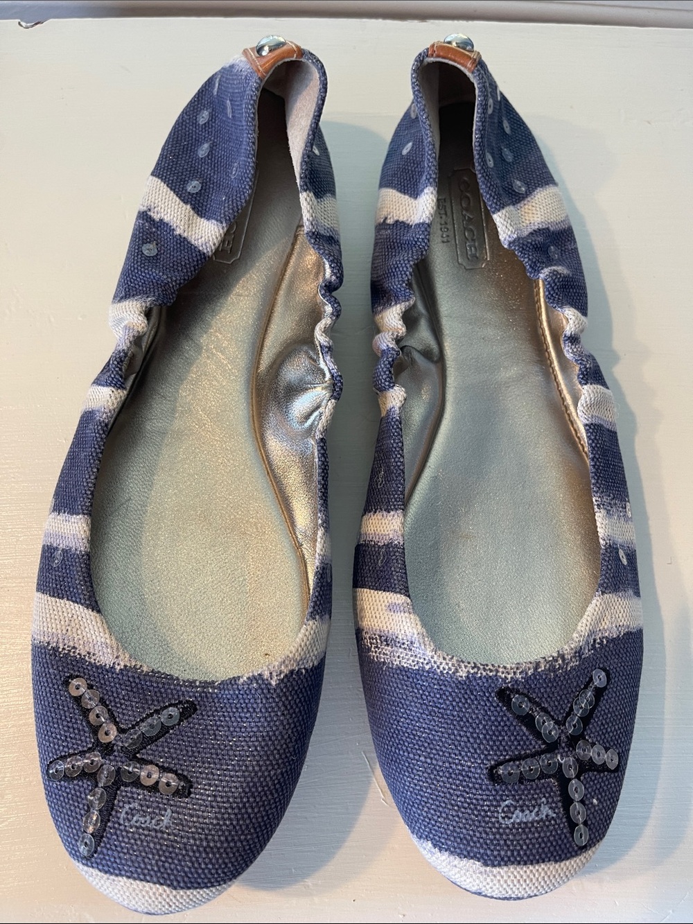 Coach Navy & White Striped Canvas Ballet Flats with Sequin Starfish